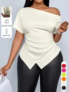 Plus Size Women's Casual Asymmetrical Hem Short Sleeve Top Shirts, Fitted Drop Shoulder Design Blouse for Daily Wear