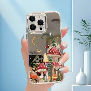 Fashion new women's makeup mirror cute cartoon mushroom aesthetic pattern mobile phone case for iPhone 16 15 14 13 12 and 11 Pro Max Plus fully wrapped anti-drop lens protection anti-fingerprint, party banquet mobile phone case suitable for gifts