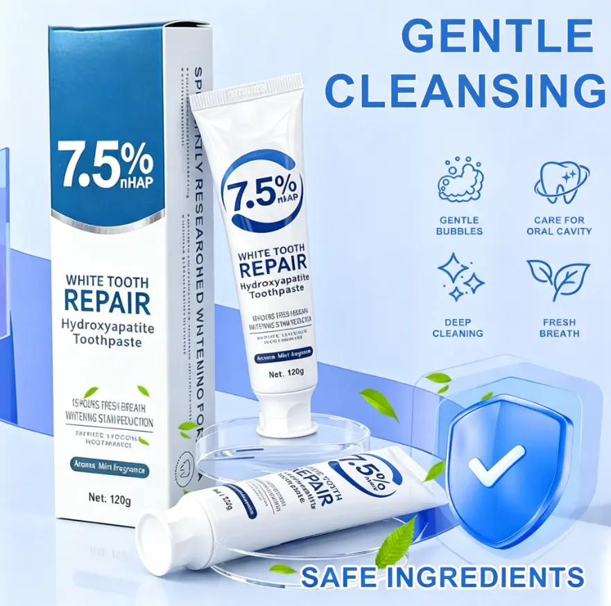 7.5% nHAP Hydroxyapatite Toothpaste, White Tooth Repair Toothpaste, Stain Reduction, Long Lasting Fresh Mint Breath, Daily Oral Care, 120g
