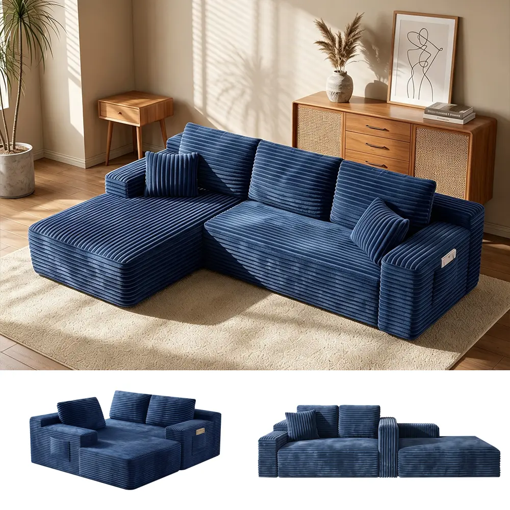 96" Blue Wide-Rib Corduroy Cloud Couch, L-Shaped Boneless Modular Sectional Sofa with Reversible Chaise, Deep Seat, No Assembly
