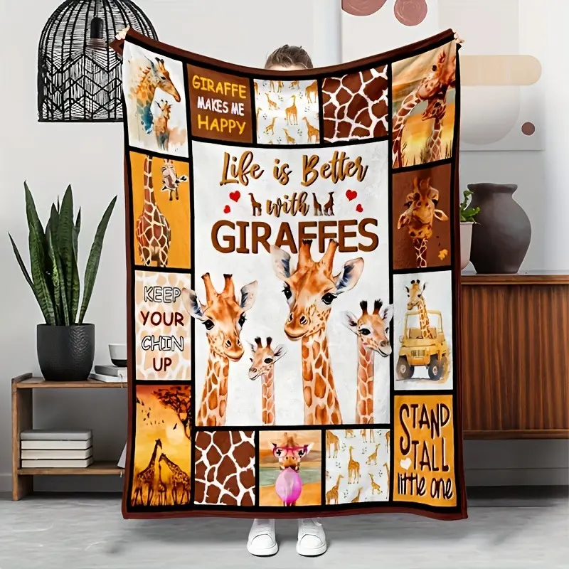 "Life Is Better With Giraffes" Flannel Printed Blanket - Flannel Fabric, Plush Finish, Soft Fluffy Texture, Cozy, Warm Throw, Inspirational Animal Theme, Multi-Size, Home Use, Perfect Gift for Animal Enthusiasts & Children, Bedroom Sofa Decor