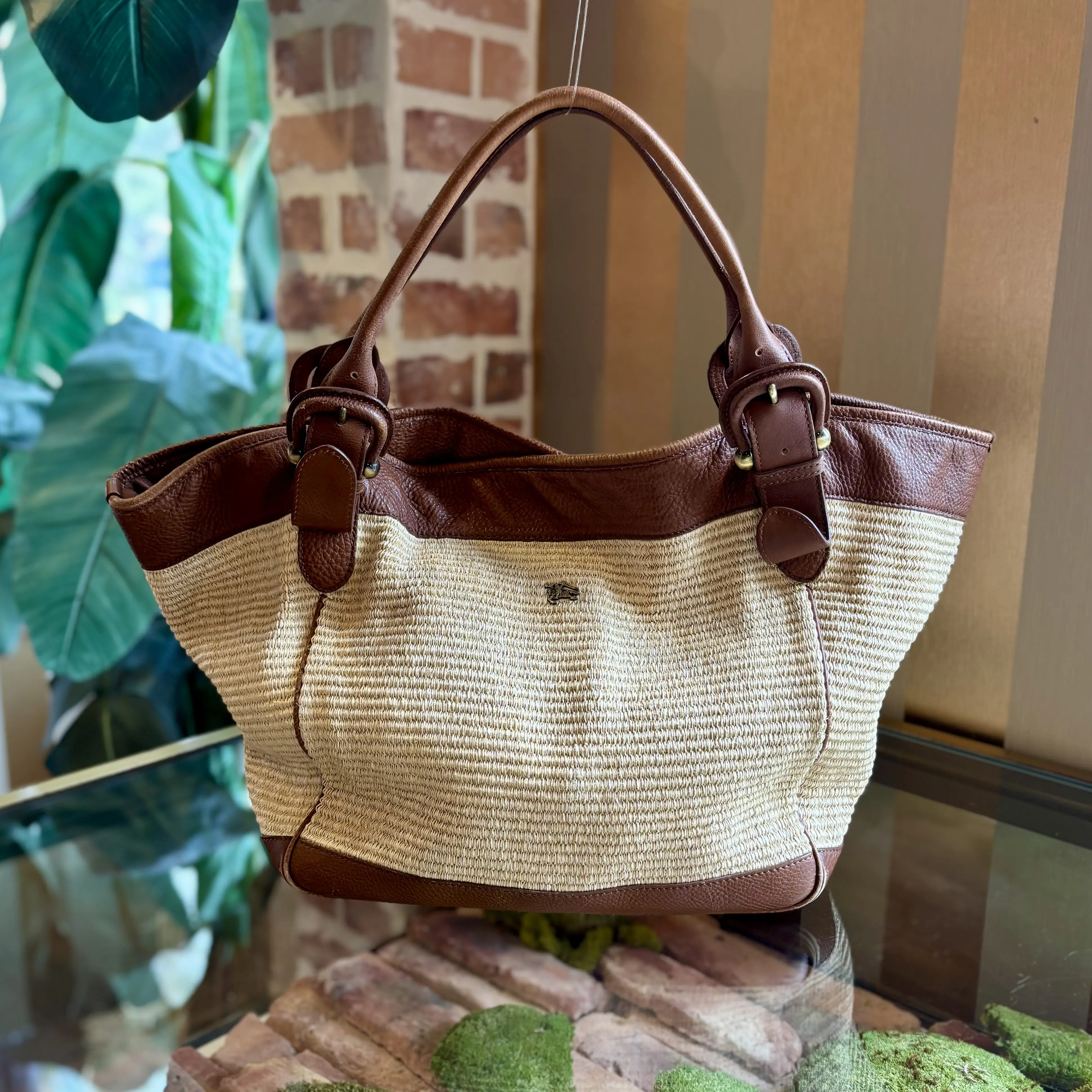 Pre-owned BURBERRY raffia Shoulder Bags Leather Trimmed Straw Tote