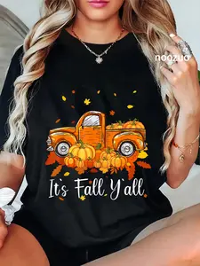 100% Cotton Unisex Women It's Fall Y'all Pumpkin Truck Autumn Tree Hello Fall T-Shirt Casual Top