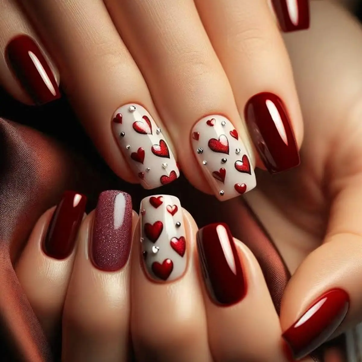 Wine Red Press on Nails Short Square Heart Design Fake Nails Press ons Valentine Acrylic False Nails Glue on Nails Reusable Nail Tips Kit Glossy Full Cover Stick on Nails for Women Girls 24Pcs