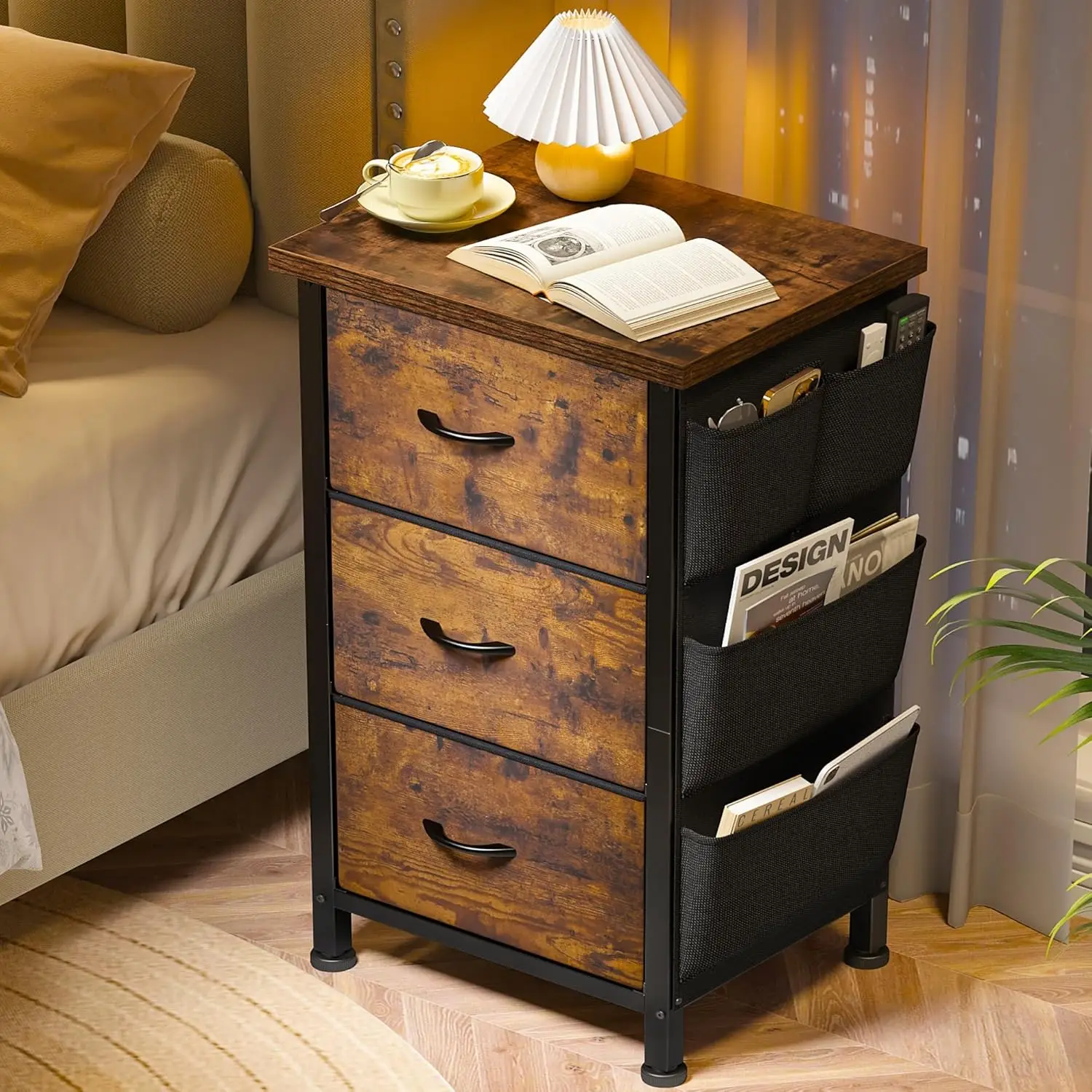 【TikTokShopRestock】Raybee Furniture Nightstand Set of 2 with 3 Drawers, Night Stand for Bedroom, Bedside Table with Wooden Top, Sturdy Steel Frame End