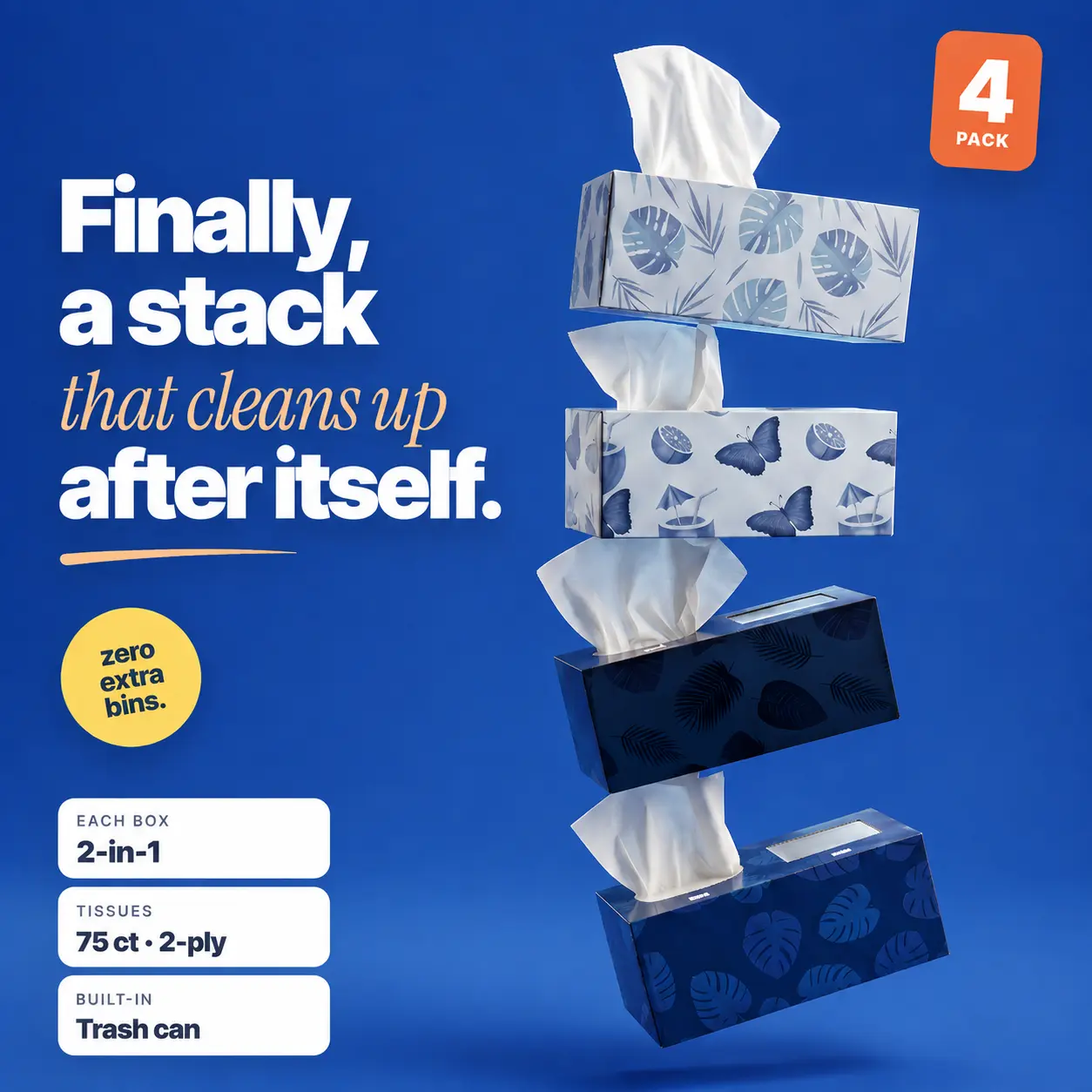 2 in 1 Tissue Box with Built-In Trash Compartment | Sick Day & Cold/Flu Essential | Bedside, Car, Office | 75 Tissues Per Box, 2-Ply Durable Tropical