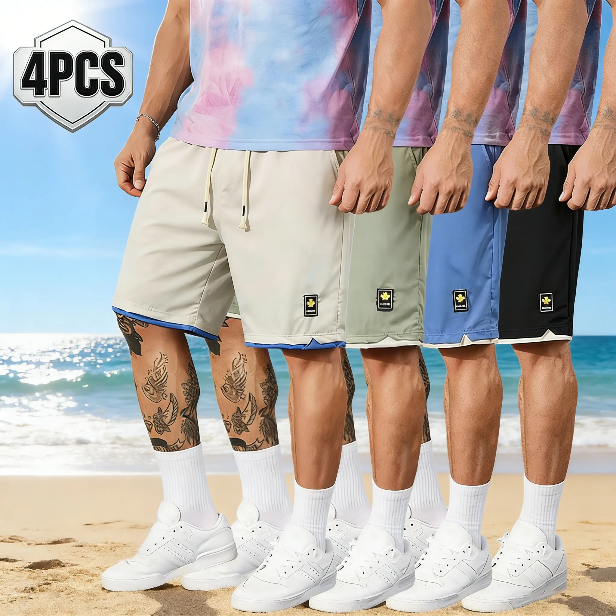 4-pack summer casual shorts for men, drawstring loose-fitting sports shorts, street-style commuter breathable trendy and versatile bottoms