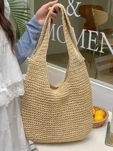 Style Straw Woven Hobo Bag, Handmade Hollow Out Shoulder Bag, Large Capacity Beach Bag, Casual Colorblock Design, All Seasons Use