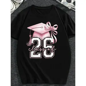 Class of 2026 Graduation T-Shirt for Women & Men - Senior Shirt with Pink Number 26, Grad Cap & Bow Accent - Soft Stretchy Short Sleeve Round Neck Top for Prom, Senior Week, Graduation Party - Co