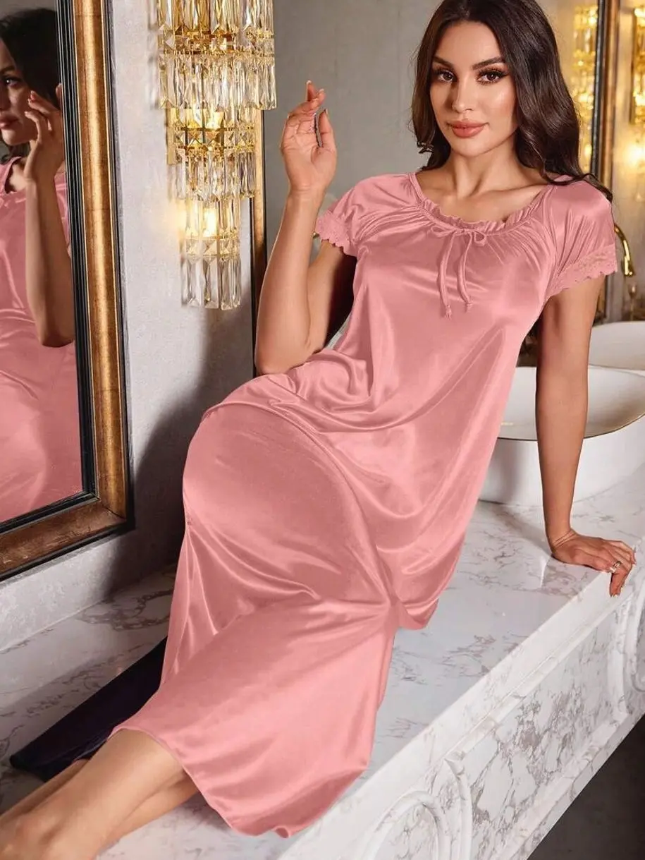 LuxeNights Bowknot Decor Wide Neck Lace Panel Short Sleeve Extra Long Women Nightgown Babydoll Luxeloungewear, Moo Moo Night Dress