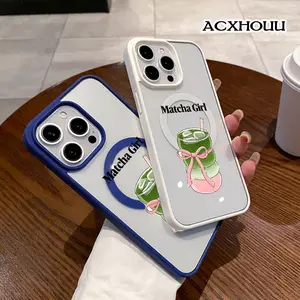 Matcha Girl Pattern Magnetic Phone Case for iPhone 17 16 15 14 Pro Max 13 12 11 XR XS Plus Anti-Yellowing Shockproof Lightweight Transparent Acrylic Soft Cover Supports Wireless Charging