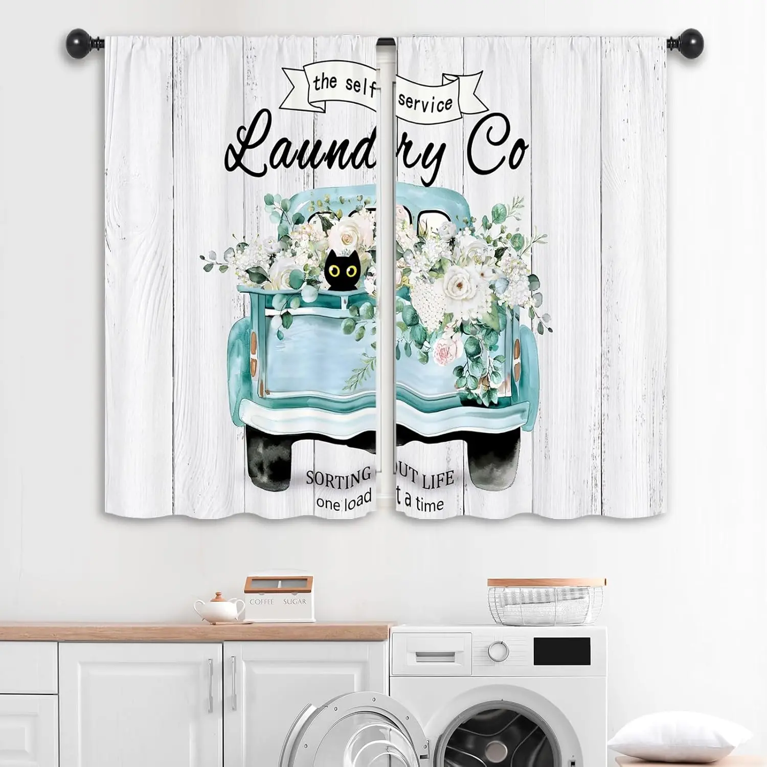 2-Panel Farmhouse Rustic Aqua Truck Colorful Vintage Floral Beautiful Patterns Short Cafe Curtains, 27.5W x 39L in Rod Pocket Small Laundry Room Window Treatment Drapes Decor, Colorful Curtains, Vintage Floral Curtains
