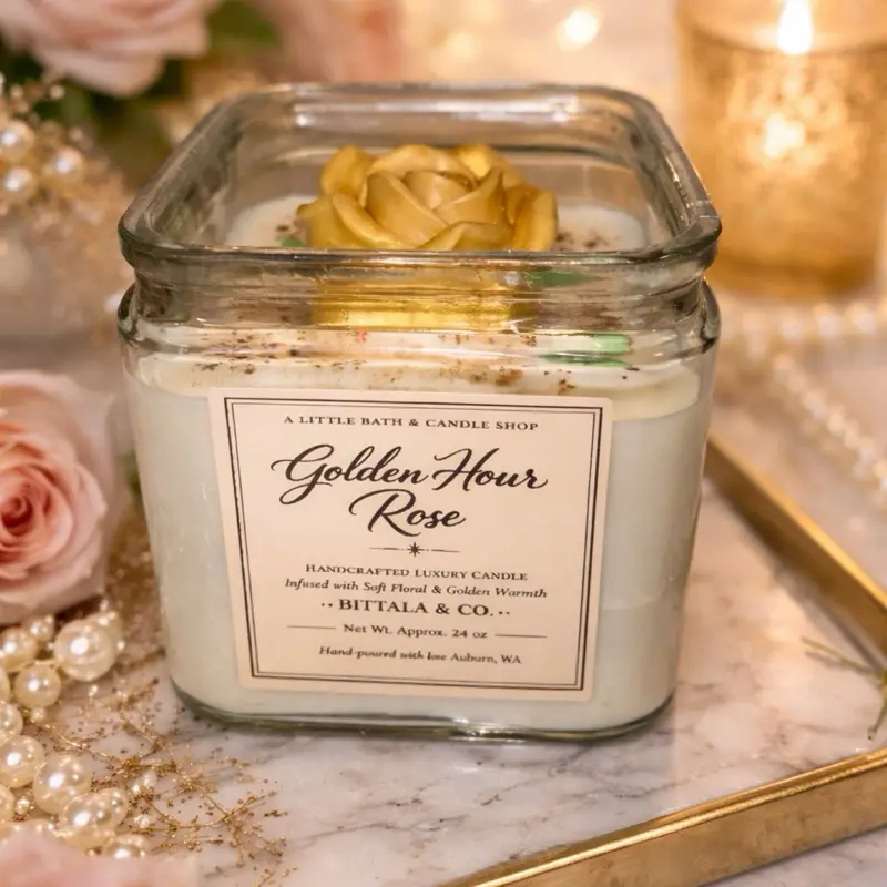 Bittala & Co. Golden Hour Rose Handcrafted Luxury Candle with Soft Floral & Golden Warmth 24 oz