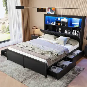 Queen Size Bed Frame with Tall Storage Headboard and 4 Storage Drawers, Metal Queen Platform Bed with LED Light and Charging Station for Small Space Bedroom Living Room No Box Spring, Black
