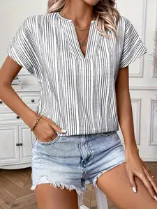 A black and white vertical striped V-neck short-sleeve loose top blouse Shirts with a small V-neckline and a center slit design. The style is simple and casual, suitable for leisure or office wear. Casual Basic Fashion