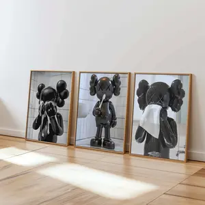 Set of 3 Black Kaws in Shower & Bathroom, Kaws Poster, Hypebeast Prints, Washroom Wall Art, Bathroom Décor