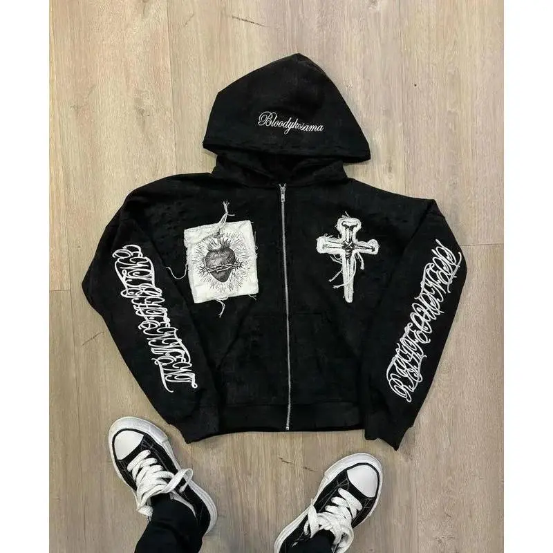 Y2k Sacred Cross Embroidery Hoodie Streetwear Men Trend Hip Hop Patchwork Zip Up Hoodies Black Sweatshirt Loose Jacket Clothing Can be used with raincoat Y2k Sacred Cross Embroidery Hoodie Streetwear Men Trend Hip Hop Patchwork Zip Up Hoodies Black Sweatshirt Loose Jacket Clothing Can be used with raincoat
