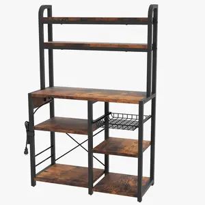 Multi-Tier Storage Organizer Bookshelf – 6-Tier Bakers Rack with Power Outlets, Microwave Stand, Storage Cabinet, Open Shelves, Wire Basket – Coffee Bar for Kitchen, Dining, Living Room