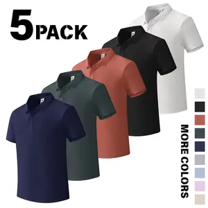 Men’s five-pack classic polo shirts featuring contrast collar trim and a slim fit with a turn-down collar—versatile basics for business casual commuting. Made from skin-friendly, breathable, wrinkle-resistant fabric; suitable for work, everyday wear, and,
