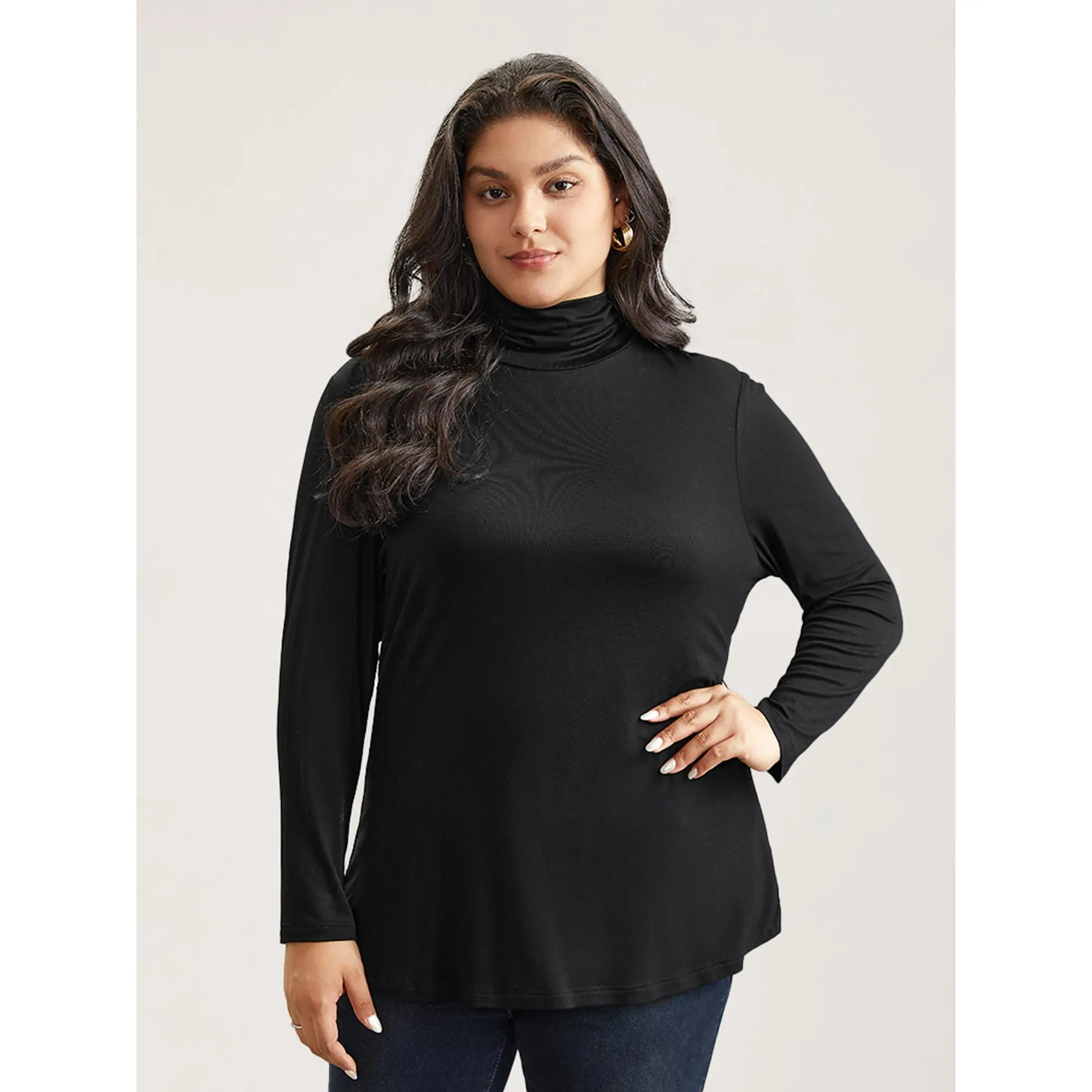 BLOOMCHIC Women's Plus Size Long Sleeve Knit Top - Ruffled Funnel Neck, Breathable Super Soft Rayon-Spandex Blend, Comfortable Casual Bodycon Fit, Solid Everyday Wear, Low Iron, Hand Wash, Sizes M-6X, 2026 Summer Finds