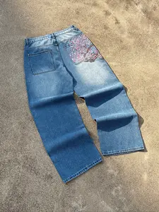 Hiphop Sakura Embroidery Jeans, Vintage Loose Wide Leg Denim Jeans, Y2K Unisex Fashion, Perfect Gift for Husband and Boyfriend