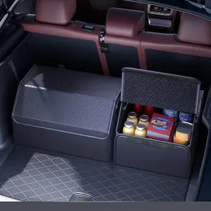 PU Leather Car Trunk Organizer with Lid - Foldable & Collapsible Cargo Storage Box for SUV, Car & MPV - Multi-Compartment Boot Organizer - car storage organizers - OOLEATHER