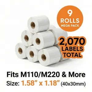 9 Rolls Mega Pack Thermal Label Paper 1.58x1.18 Inch 2070 Labels Total Compatible with Phomemo M110 M220 Printer Waterproof Self Adhesive Stickers for Barcode Price Tags Logo Design Small Business Supplies