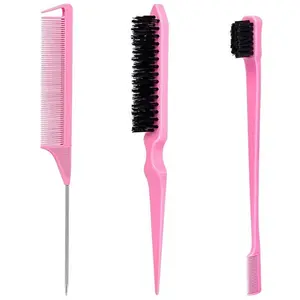 Pink Slick Back Hair Brush - Rat Tail Comb for Hair Parting, Teasing Comb for Enhancing Volume and Fullness, Edge Brush for Controlling Flyaways