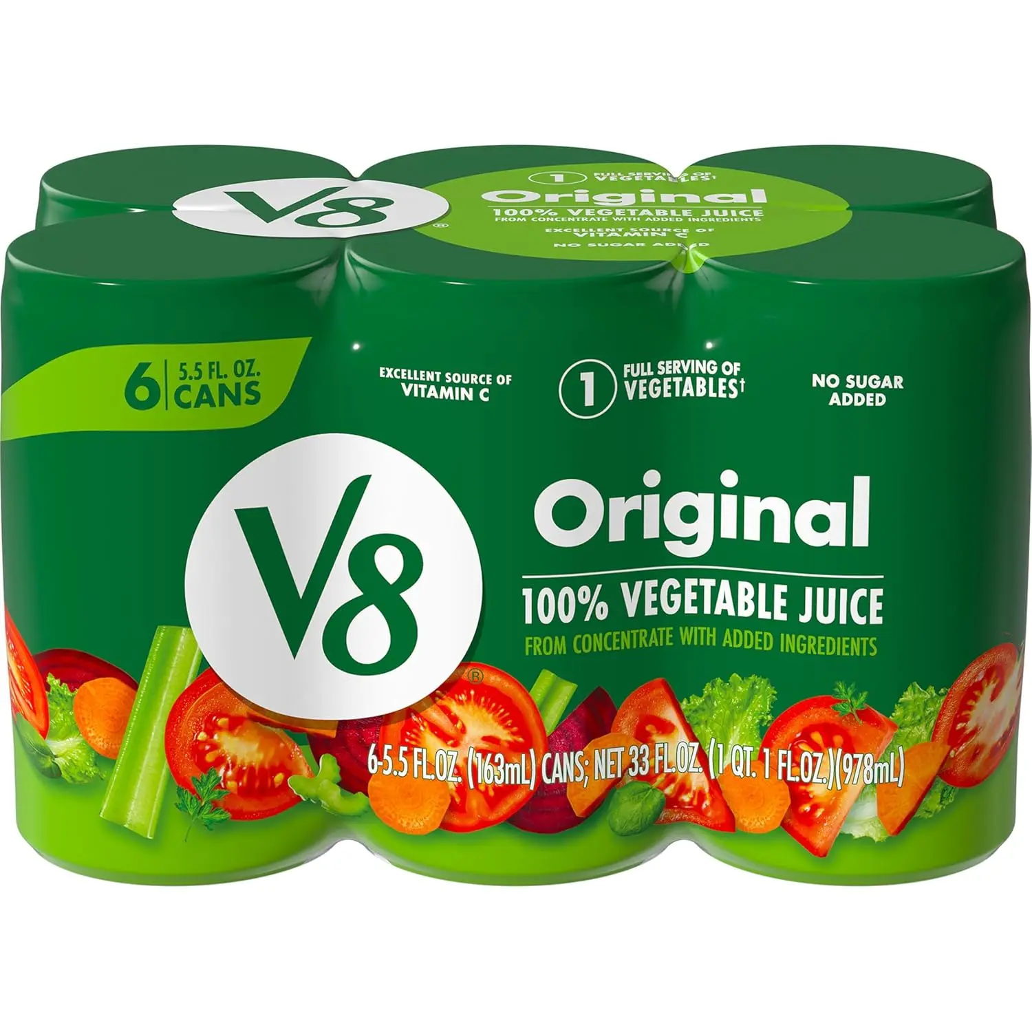 V8 Original 100% Tomato Vegetable Juice, 6-Pack 5.5 fl oz Cans - Ready-to-Drink, No Sugar Added, Gluten Free, Non-GMO, Excellent Source of Vitamin C Fruit Tomato Beverage Carrot Beverage