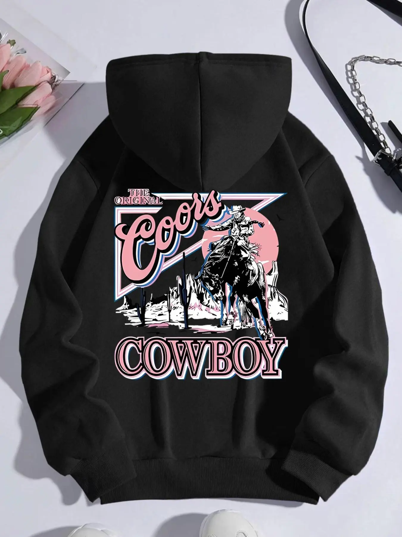 Women's Cowboy & Letter Graphic Print Drawstring Pocket Casual Fitted Hoodie, Casual Long Sleeve Hooded Graphic Sweatshirt for Fall & Winter, Women's Clothes for Daily Wear