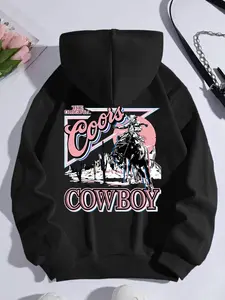 Women's Cowboy & Letter Print Drawstring Pocket Hoodie, Casual Long Sleeve Hooded Sweatshirt for Fall & Winter, Women's Clothes for Daily Wear