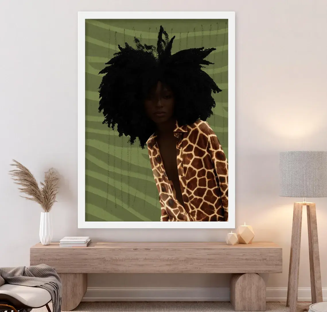Black Woman Wall Art Canvas, Afro Portrait Print, Earth Tone Decor, Olive Green Brown Art, Bold Modern Statement, Luxury Afro Wall Decor