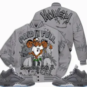 5 Wolf Grey Varsity Jacket, Retro Wolf Grey 5s Outfits, Money Paid In Full B Drip Unisex T-Shirts To Match Sneakers, Streetwear Style Urban