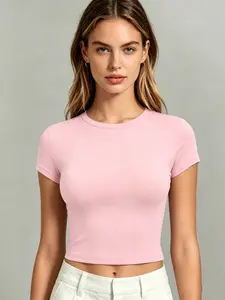 Summer Thin Round Neck Short Solid T-Shirt, College Style Top, Versatile Fashion Shirt, Slim Fit Casual Wear, Perfect for Young Girls, Womenswear