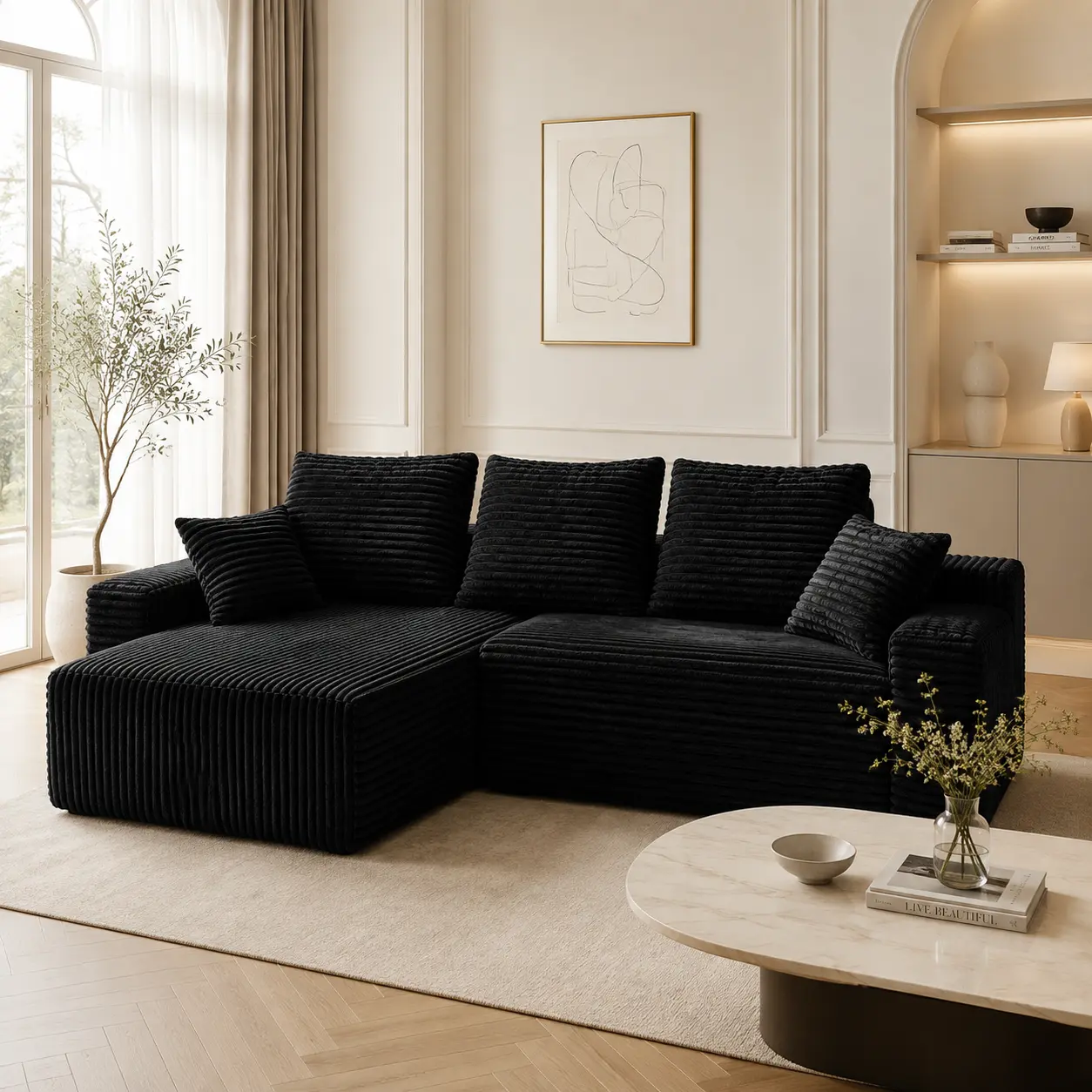 Fareforth 104in Corner Corduroy Upholstered Boneless Modular Sofa - Flexible Layout, Clean Look, Comfy Deep Seats, 5 Free Pillows, Seats 4-6, Customizable Design, Luxury Indoor Living Room Furniture, Corduroy Upholstered Couch, Comfy Couch