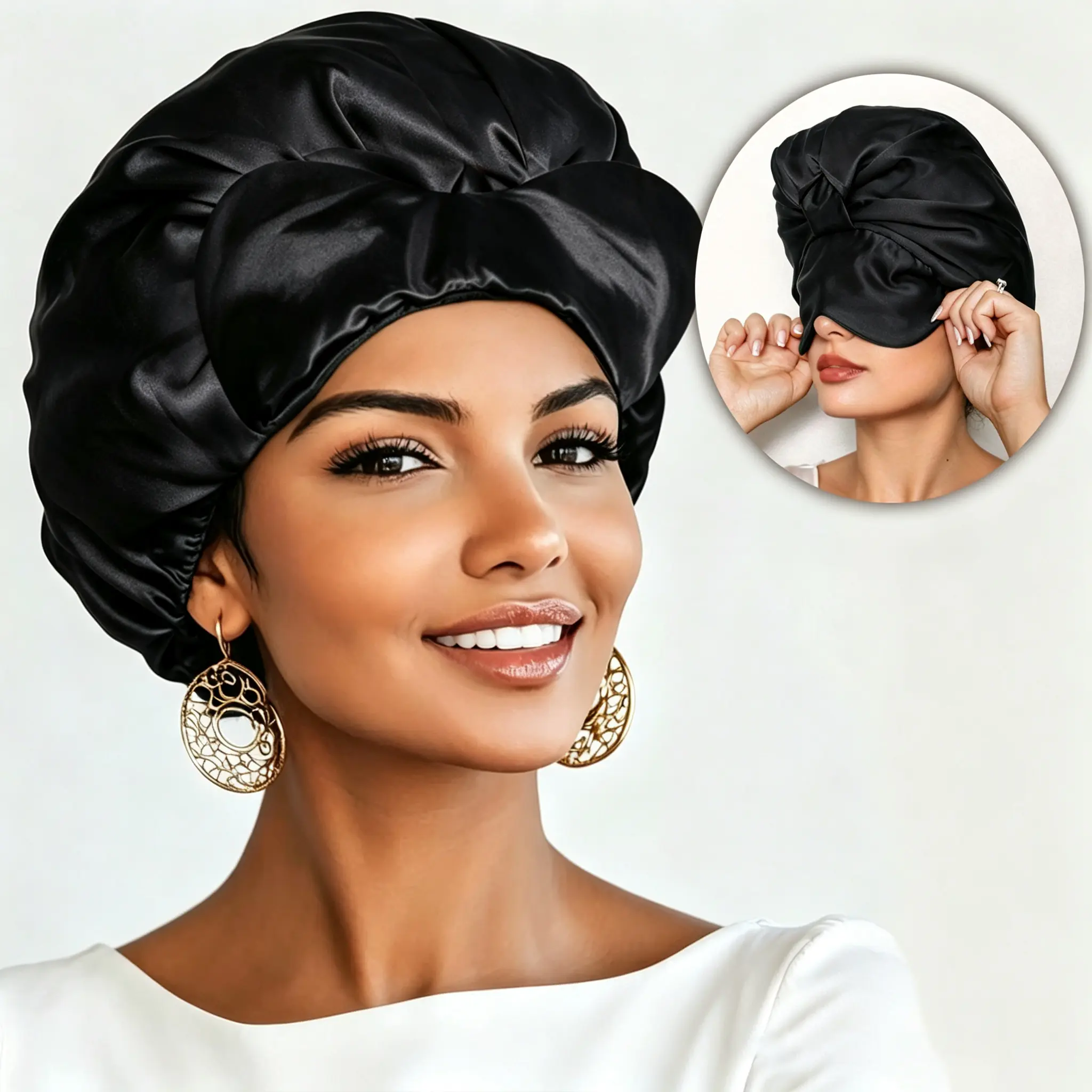 Women's 2-in-1 Luxury Silk Sleep Bonnet with Eye Mask - Double Layer Design for Comfort & Hair Care, Soft Satin Lining Protects Curly, Natural & Braided Hairstyles (Black/Pink/Burgundy), Curly Hair, Haircare, Bonnet Silk, Protective, Home, Travel, Heatles