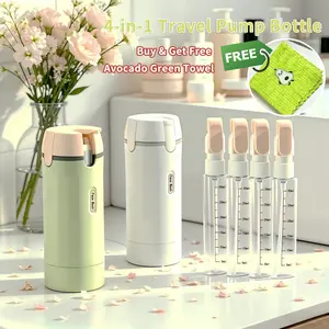 4-In-1 Travel Pump Bottle, Beauty Cosmetic Dispenser with 4 Separate Vials for Shampoo, Lotion, Toner, Compact Lightweight Space-Saving Toiletry Container with Easy-Access Inner Bottles, Squeeze-Resistant Durable for Travel & Camping Trips