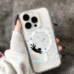 Cute Cat And Fish Aesthetic Style Printed Phone Case with The Magnetic for iPhone 17 E Air Pro ProMax iPhone16 15 14 Plus 13 12 Mini 11 X XS XR Anti Fingerprint Non Slip Shockproof Transparent Acrylic Magnetic Funda Case |   Playful Whimsical Pet Lover