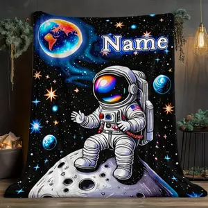 Personalized Astronaut Moon Blankets, Custom Name Space Theme, Astronaut Earth & Moon Design, Soft Lightweight Flannel All-Season Throw, Ideal Gift for Boys Girls Space Lovers, Home Travel Camping Use, Custom Blankets, Personalized Blankets