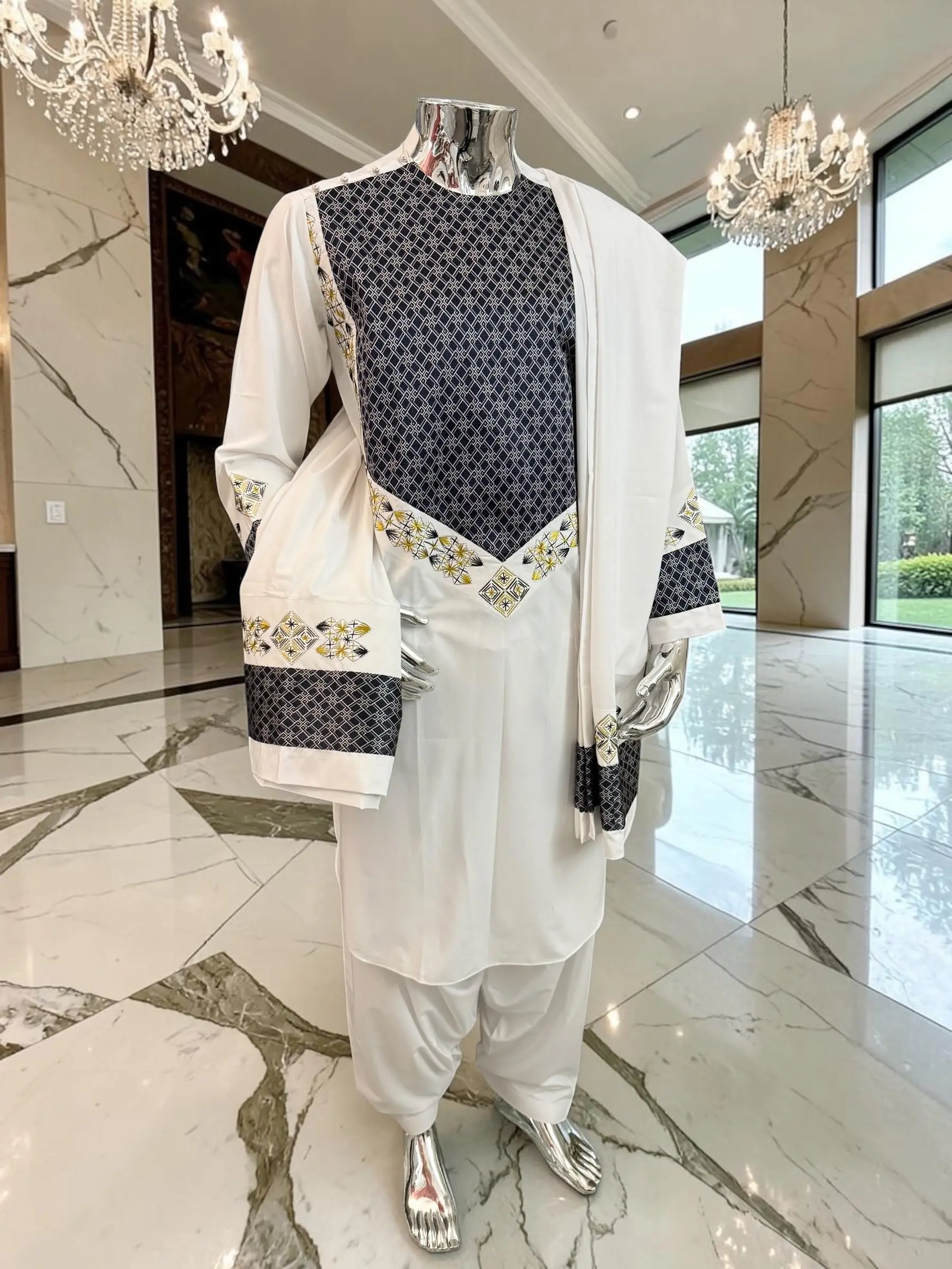 Small Off White Afghan Parahan Tunban Set – Premium Hand Embroidery Traditional Men’s Outfit with Matching Chadder Patto