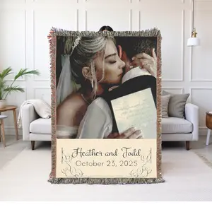 Custom Wedding Photo Blanket - 100% Cotton, Colorful Fringed Edges, Available in 3 Sizes, Perfect for Couples and Home Decor