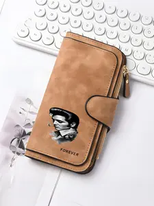 Long wallet featuring an Elvis Presley pattern, fashion card case, with a snap closure and zipper wallet|Themed graphic wallet
