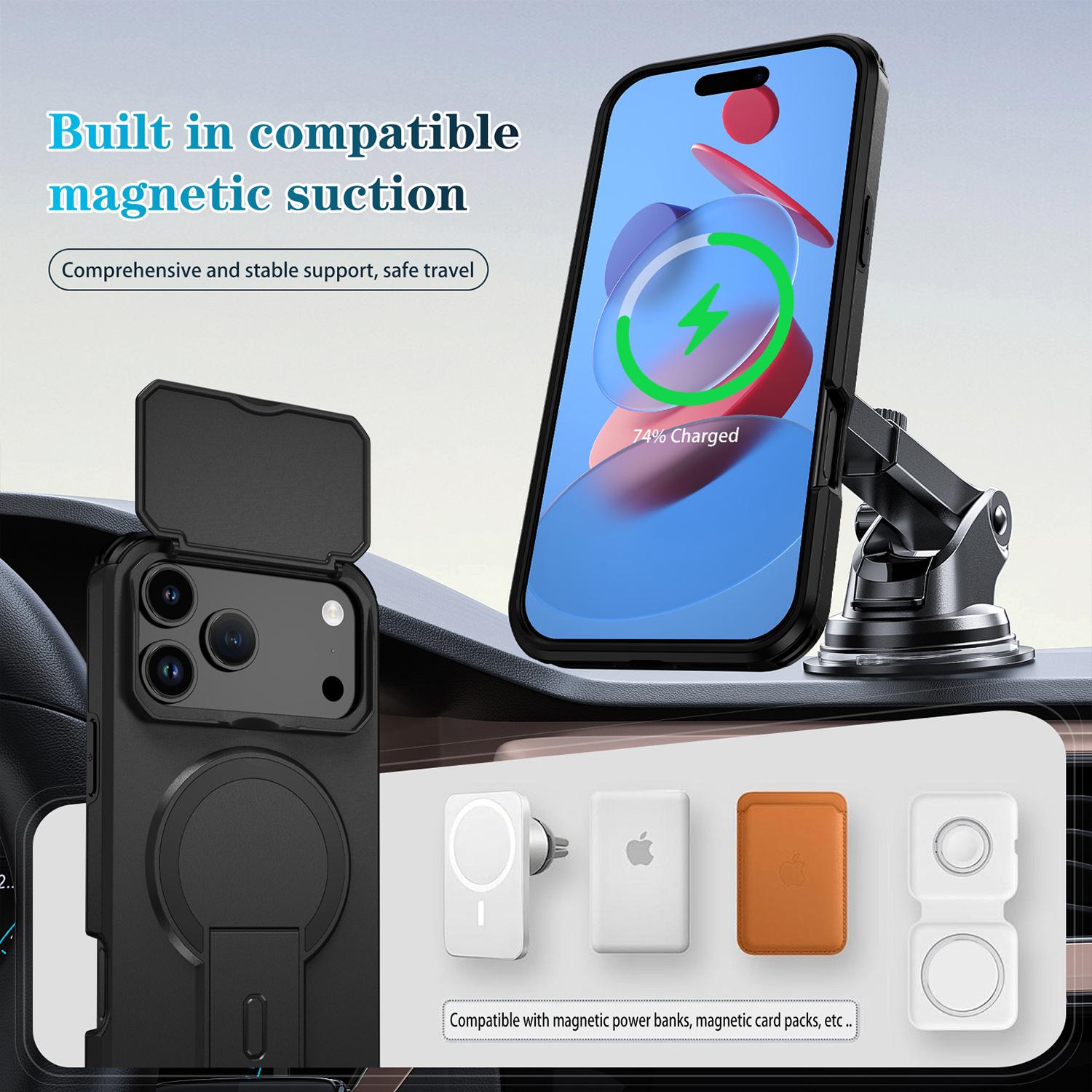 Magnetic Case for iPhone 17 Pro Max/17 Pro/Air/17/16 15 14 13, Lens Protection Cover with Kickstand & Sliding Camera Cover,Rugged Stand Protective Shock-Resistant Slim Shockproof Case