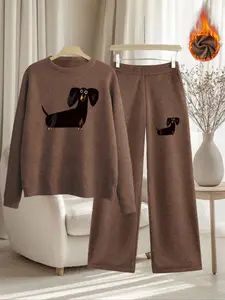 [Autumn and Winter] Dachshund Print Thickened Wool Sweatshirt Set for Women Loose and Slim Round Neck Long Sleeve Top High Waist Straight Leg Trousers Casual Sports Two-Piece Set Women's Autumn and Winter Wool Top and Pants Two-Piece Set