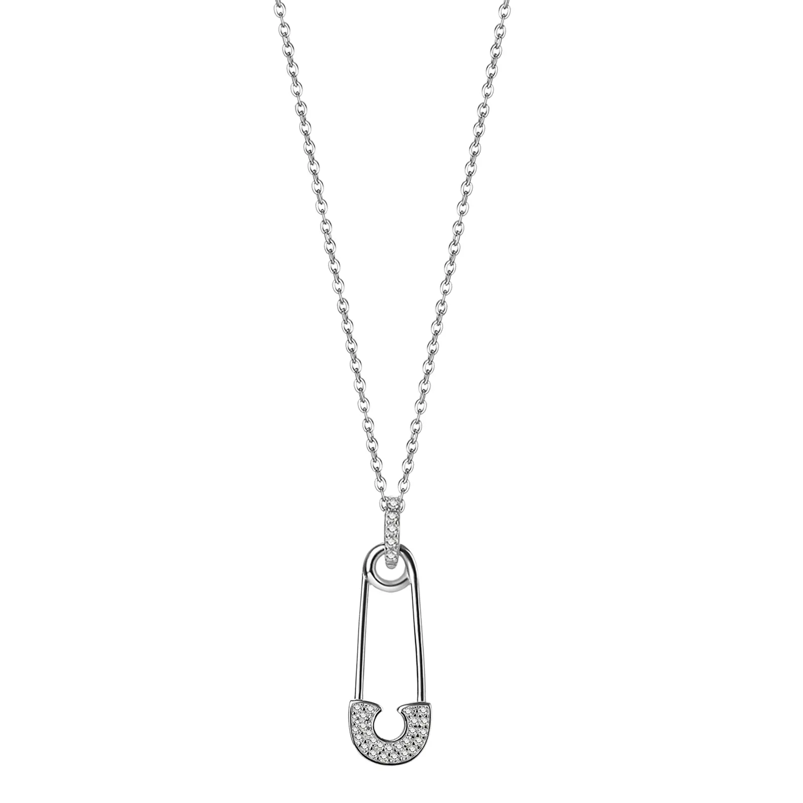 OIDEA Sterling Silver-Tone Safety Pin Necklace for Women, Elegant Dainty Pendant with Rhinestones, Adjustable Tarnish-Resistant Chain, Birthday Gift Idea, Birthday Gift Ideas, Minimalist, 0.10 Oz, 1.02"X0.31", 17.7"+1.97" Extension, Rhinestone Accents, Ca