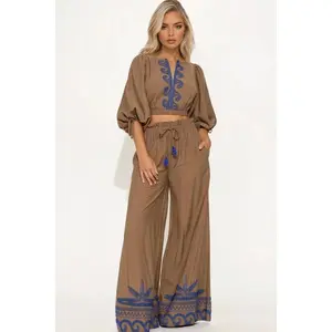 Cecilia Embroidered Linen Pant Set - Mocha 0