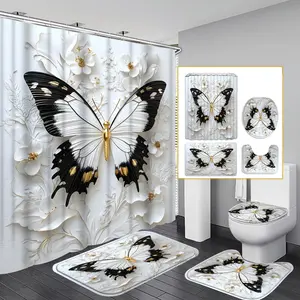 1pc/4pcs 2D Flat White Butterfly Pattern Multi-Color Background Shower Curtain, Modern and Personalized Home Bathroom Art Decoration, Shower Curtain Set with 12 Hooks, Bathroom Non-Slip Mat, Toilet Seat Cover, Holiday Decoration