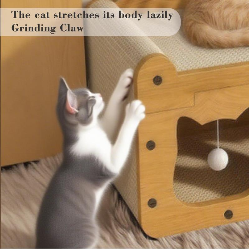 Durable Multi-Functional Cat House Box with Scratching Bed, 3-In-1 Play House With Hideout Caves and Hanging Ball Toys for Cat/Kitty