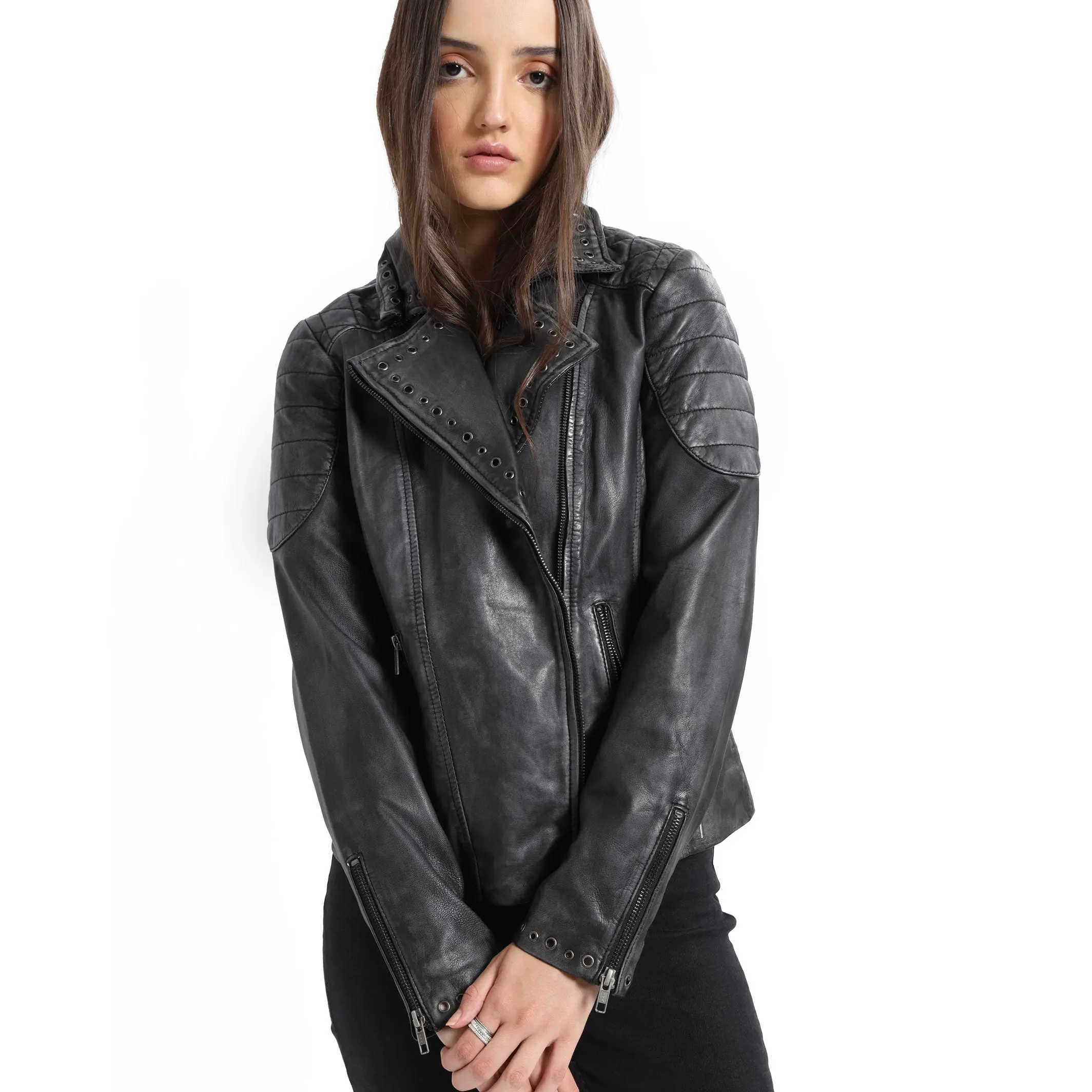 Women's Biker Jacket with Floral Embroidery, Dark Brown Leather Zip-Up Outerwear Coat, Everyday Tops, Coats, Chic, Everyday Wear, Cold Wash, Lady, Chic Biker, Fitted, Self Assured Aura
