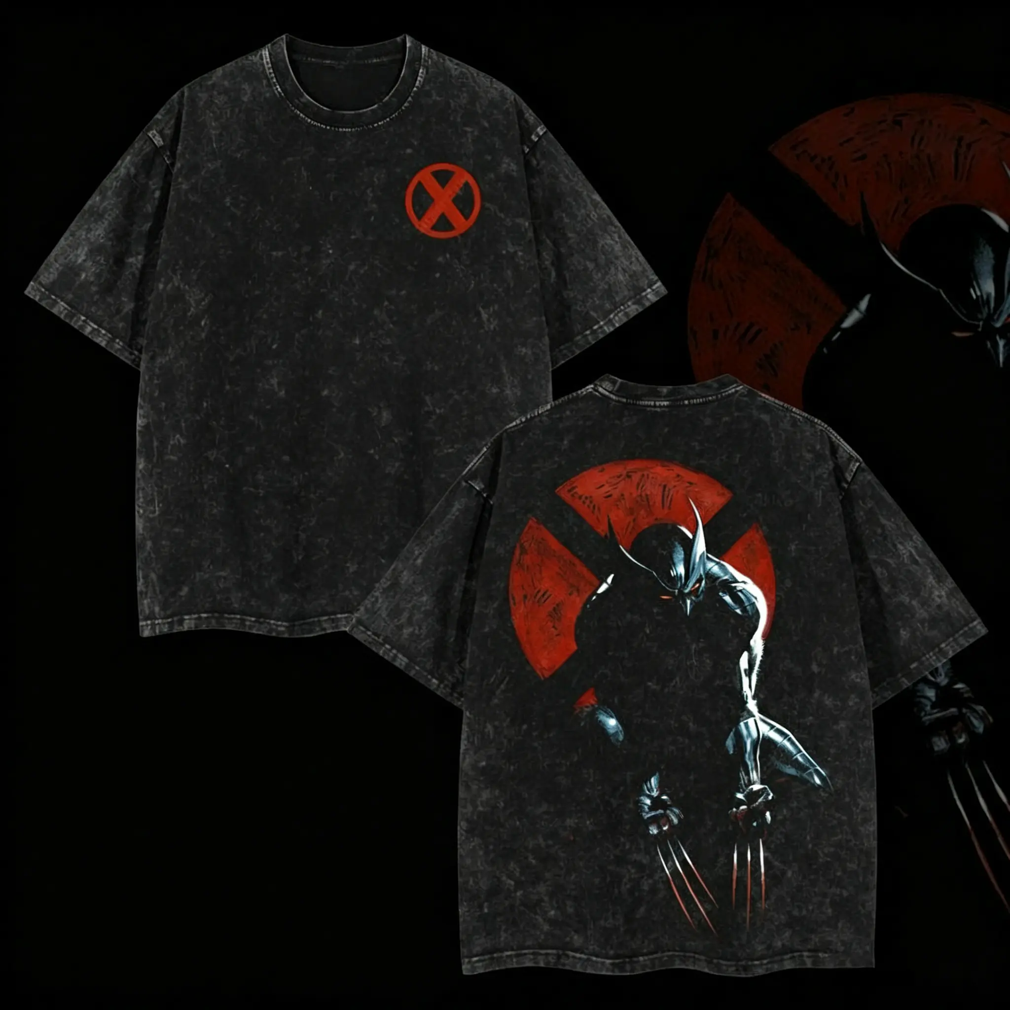 Clawborn Mutant Warrior Graphic T-Shirt, Oversized Acid Washed Streetwear Tee, Double-Sided Printed Lightweight Unisex Top, Y2K Retro Superhero-Inspired Graphic Shirt, Dark Vintage Casual Fall Outfit